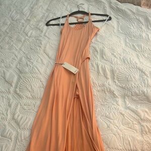 Orange Pleated Maxi Dress Spaghetti Strap Wedding Guest
